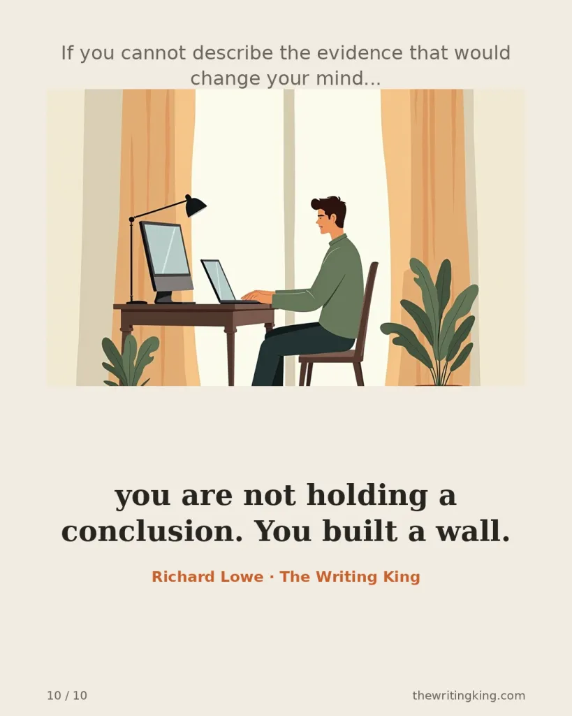 If you cannot describe the evidence that would change your mind... you are not holding a conclusion. You built a wall. Richard Lowe · The Writing King