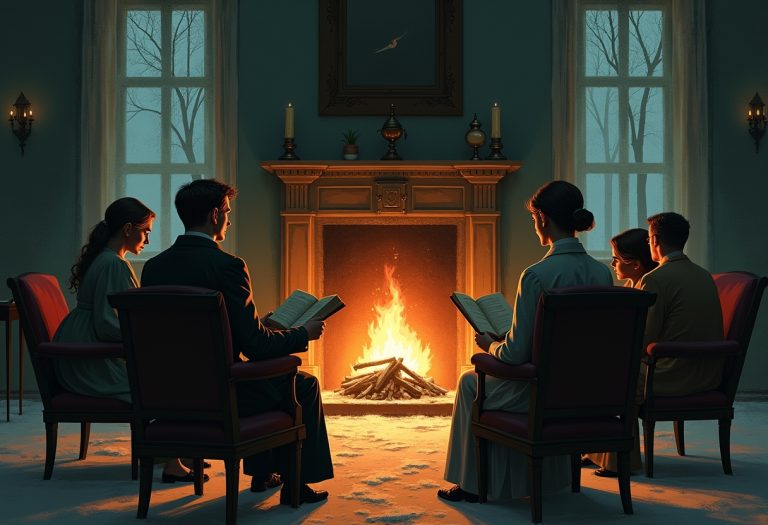A Victorian-era fireplace scene with people gathered in dim lamplight, one person telling a story while others listen