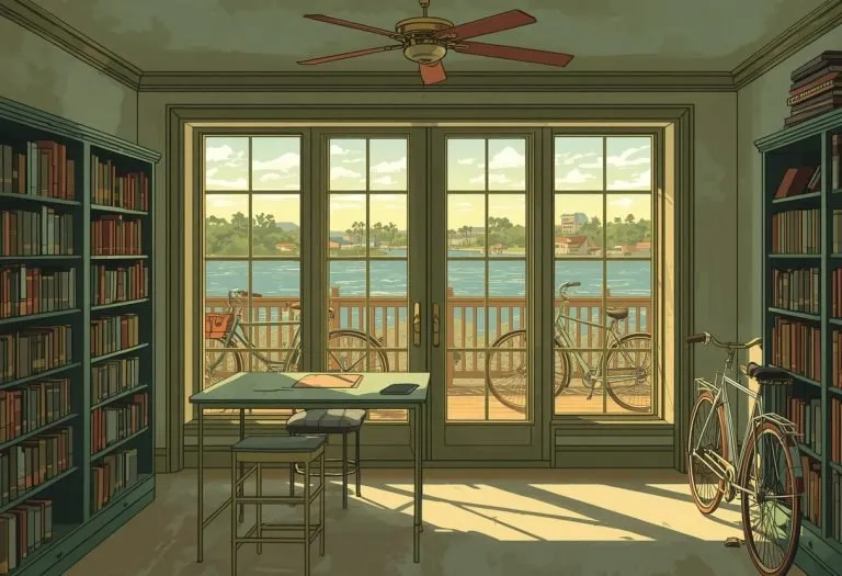 Illustration of a small library room overlooking water, for Clearwater Beach Library in Clearwater Beach, Florida