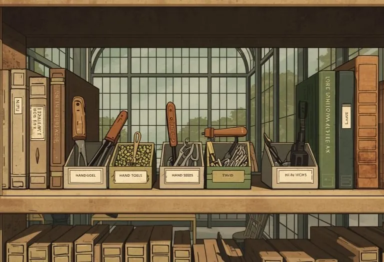 Illustration of a shelf of hand tools and seed packets, for Clearwater Countryside Library in Clearwater, Florida