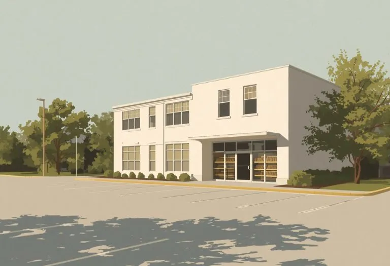 Illustration of a two-storey white library building, for Clearwater East Community Library in Clearwater, Florida