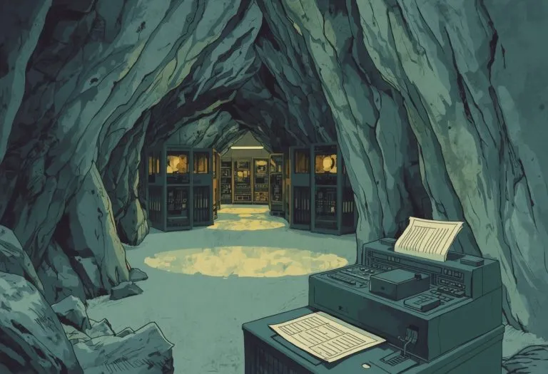 A still from the 1970 film showing a computer control room with control panels, dials, and a printer as men in shirts