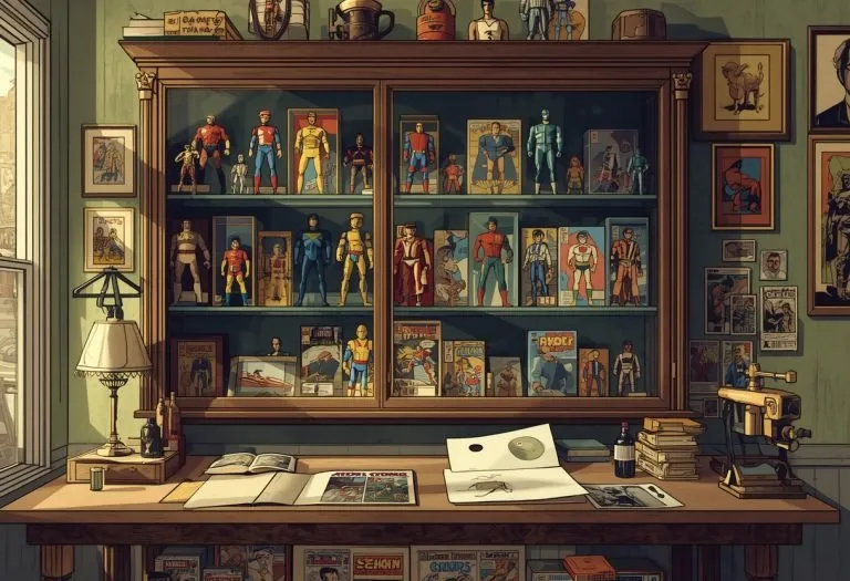 Illustration of a glass cabinet of boxed vintage figures, for The Comic Book Underground in Largo, Florida