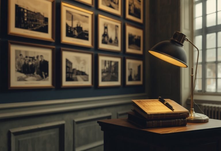 Framed vintage photographs and documents displayed on a wall, showing a company's early years, founders, and key moments