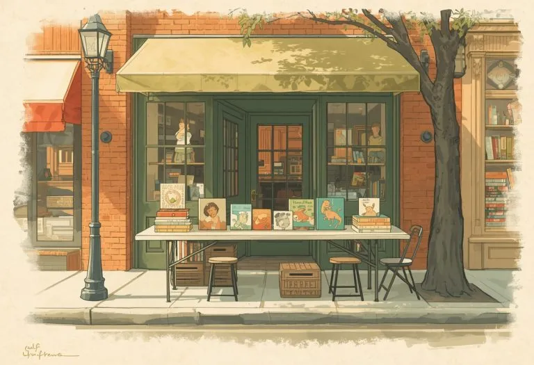 Illustration of a street table of children's picture books, for Cultured Books in St. Petersburg, Florida
