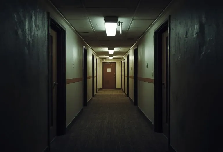 Evan Peters as Jeffrey Dahmer in a dark apartment setting, looking toward the camera with a flat, unsettling expression.