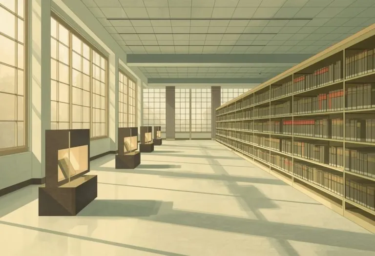 Illustration of a bright library floor with display exhibits, for Dunedin Public Library in Dunedin, Florida