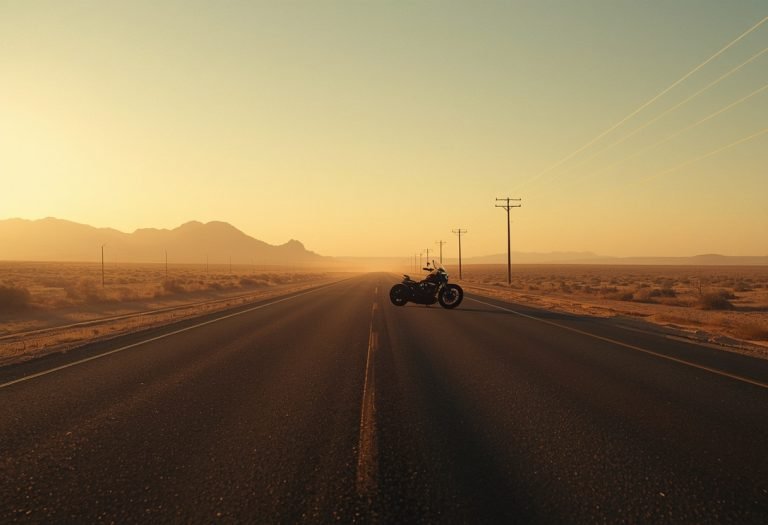 Two men on motorcycles ride down a desert highway in the 1960s, the road stretching behind them toward distant mountains.