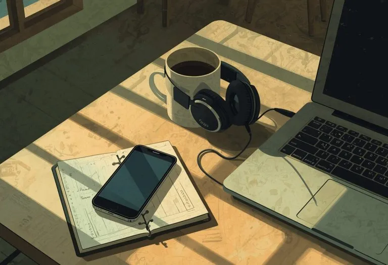 Illustration of a phone recording on a kitchen table beside handwritten notes, for Eleven Hours of Audio