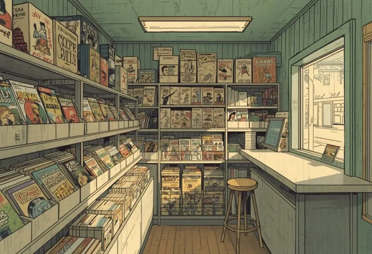 Illustration of a small comic shop with back issue bins, for Feed Your Imagination Comics in St. Petersburg, Florida