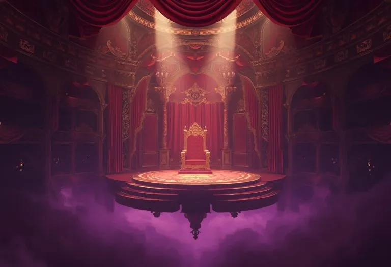 Flash Gordon stands in a colorful, theatrical space setting with elaborate gold and violet costumes and set design. TITLE
