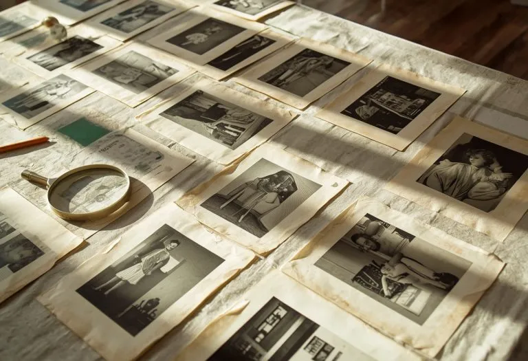 Illustration of loose photographs laid out in rows on a dining table, for Four Hundred Photographs