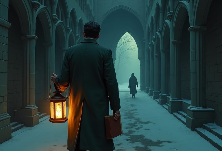 A dimly lit Victorian room with a scholar reading by candlelight, shadows gathering in the corners and doorways behind him.