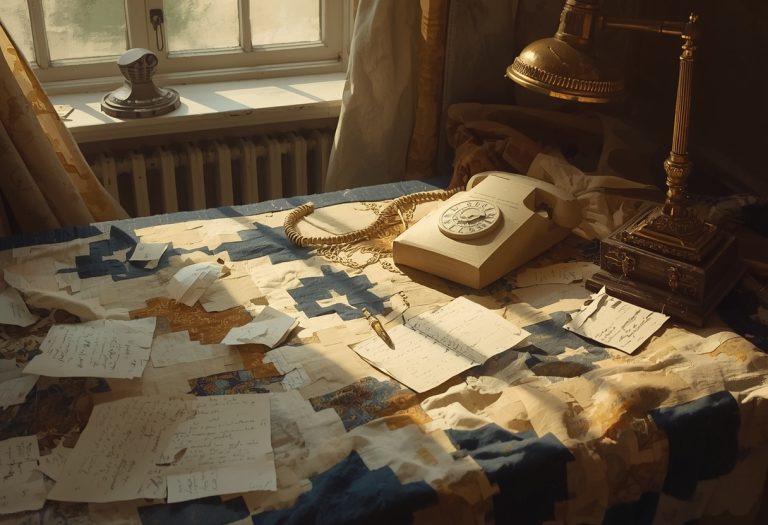 A writer's desk with a half-finished manuscript, notes, and a cup of coffee, representing the messy reality of starting a