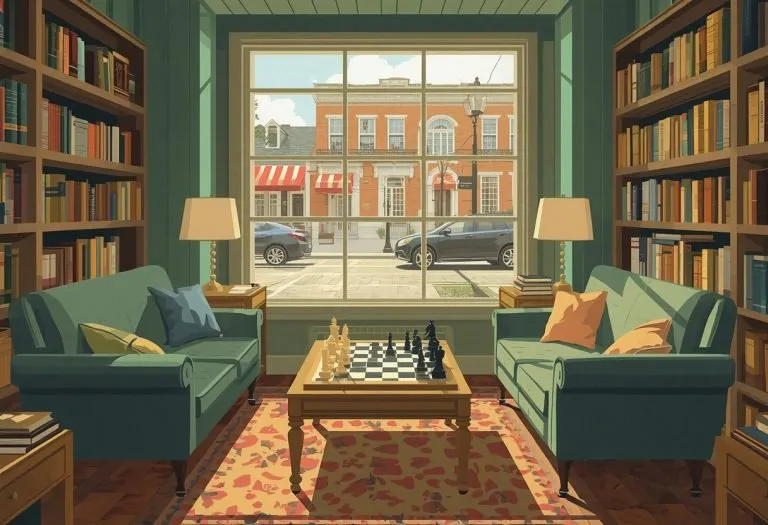 Illustration of a reading lounge with sofas and a chess set, for The Gilded Page in Tarpon Springs, Florida