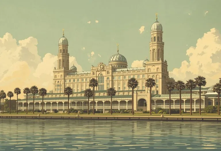 The Tampa Bay Hotel's Moorish Revival facade with thirteen silver minarets reflected in water, circa 1891.
