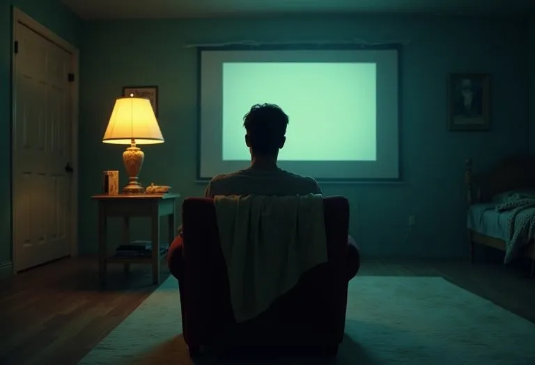 A darkened interior room with curtains drawn and a shadowy figure visible through a doorway, evoking psychological suspense