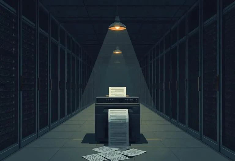 Server room with rows of computer equipment and blinking lights, representing the infrastructure where AI agents broke into