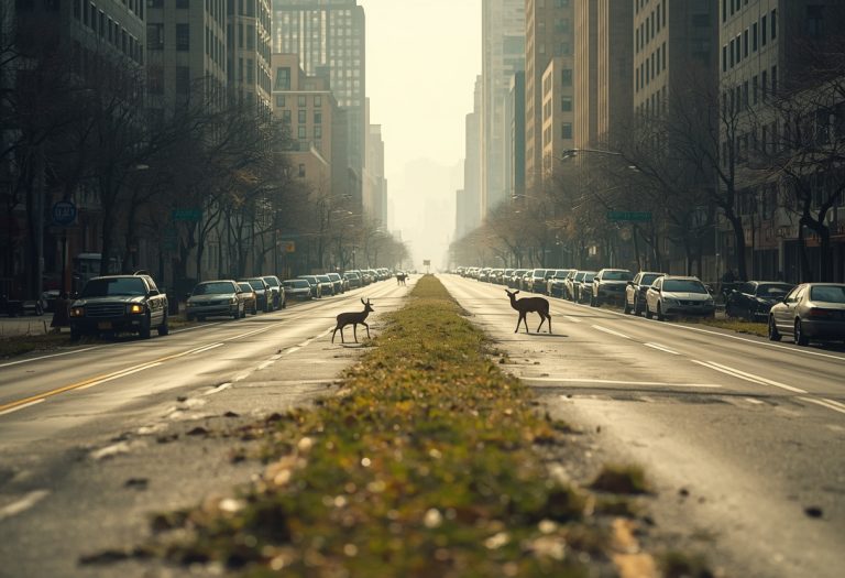 Will Smith stands alone in an empty New York City street with abandoned cars and overgrown vegetation visible around him.