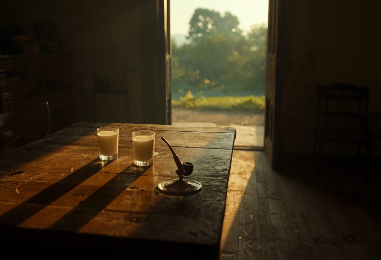 Christoph Waltz as SS officer Hans Landa sits at a wooden table in a farmhouse kitchen, holding a glass of milk during the