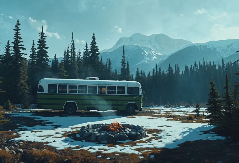 Emile Hirsch as Chris McCandless stands in an Alaskan wilderness landscape with mountains and forest behind him.