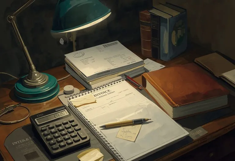 A person reviewing tax documents and a ghostwriting contract with a calculator on the desk.
