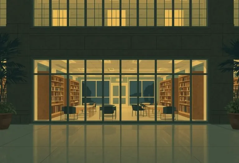 Illustration of a lit library with an enclosed kids wing, for Jimmie B. Keel Regional Library in Tampa, Florida