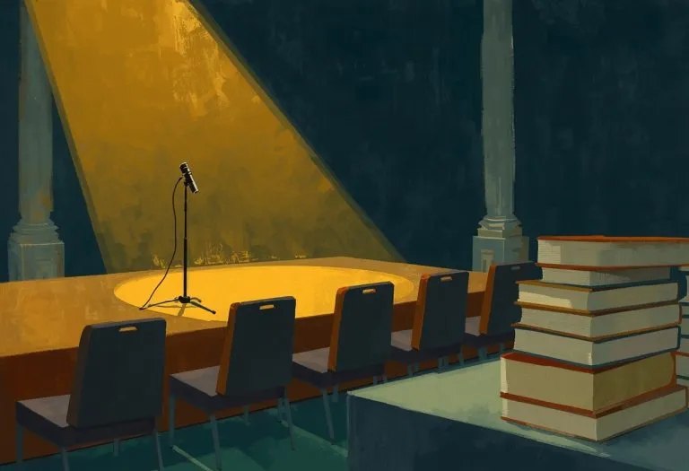 A keynote speaker stands on stage holding a book, addressing an audience in a conference room.