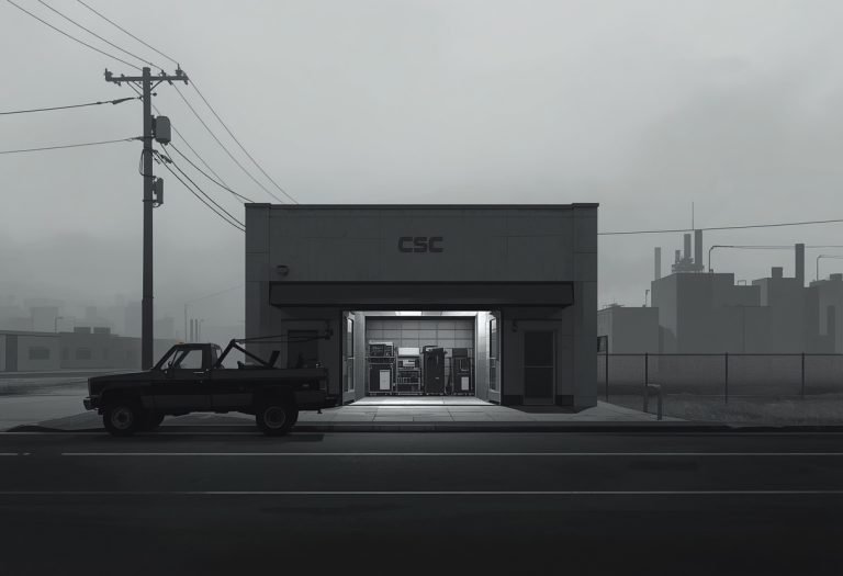 A man in a truck cab looks out the windshield at an empty road stretching toward flat, industrial landscape under gray sky.