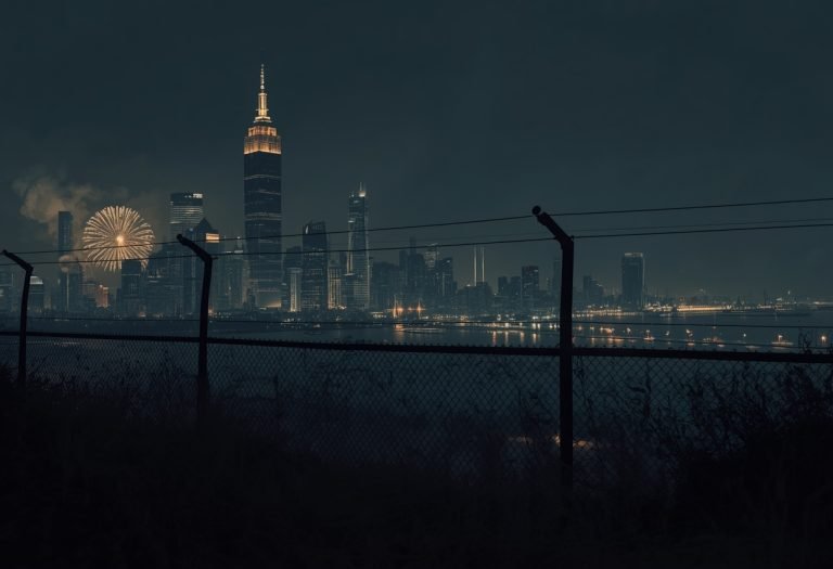 A zombie in a gas station uniform leads other undead toward a fortified city tower across a river. TITLE: Big Daddy Zombie