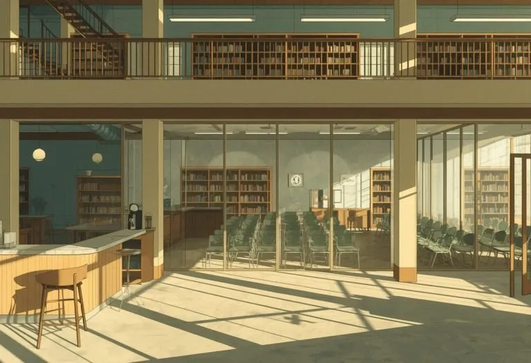 Illustration of a two-floor library atrium with a cafe, for Largo Public Library in Largo, Florida