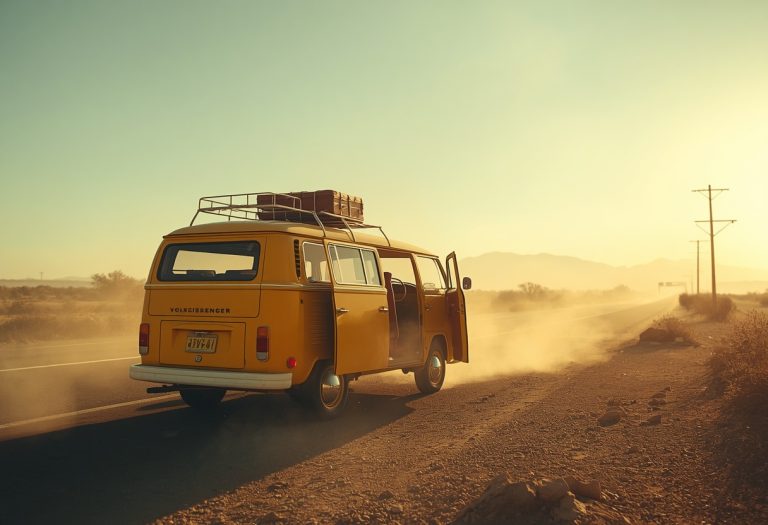 A worn 1971 Volkswagen bus packed with six people on a desert road heading toward California. TITLE: Little Miss Sunshine