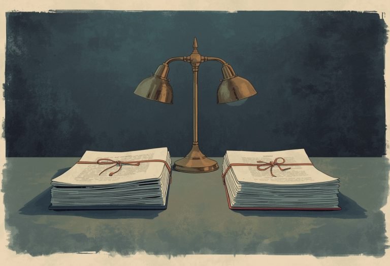 A person sits at a desk with a pen, pages spread before them, looking conflicted between writing a true story and