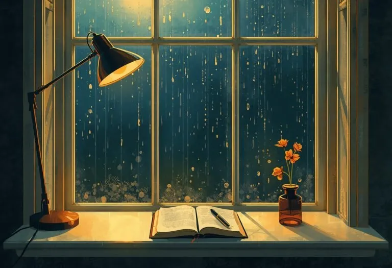 A person sits at a desk with a laptop and notebook, looking thoughtful while writing, with a warm lamp nearby.