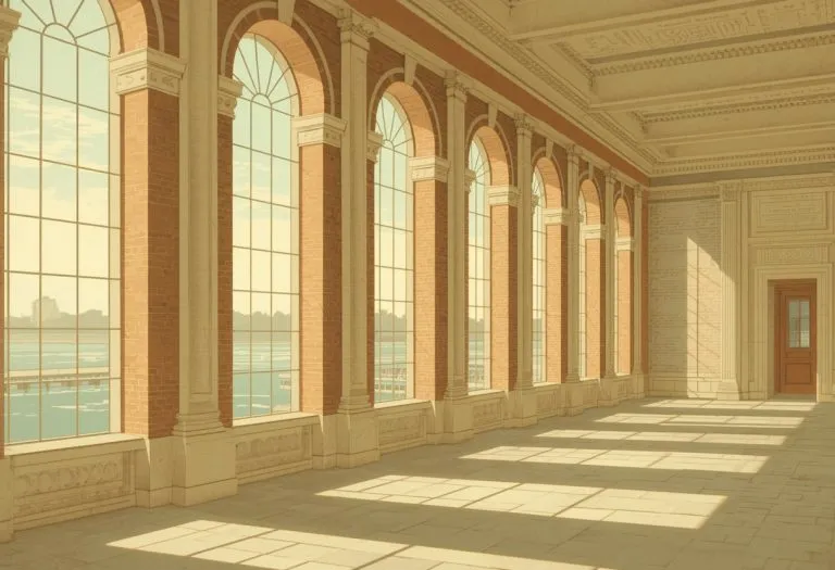 Illustration of a 1915 Beaux-Arts library interior, for Mirror Lake Community Library in St. Petersburg, Florida
