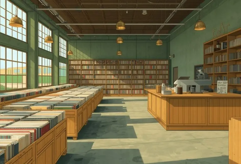 Illustration of vinyl crates beside tall used book shelving, for Mojo Books & Records in Tampa, Florida