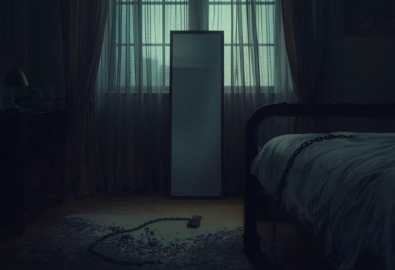 Oscar Isaac as Marc Spector and Steven Grant stand facing each other, one in shadow and one in light, reflecting the duality