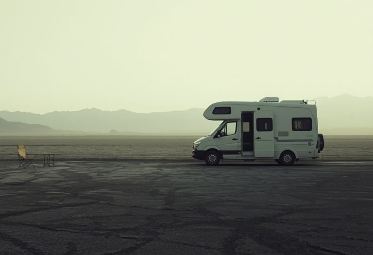 Frances McDormand sits in the driver's seat of a van, looking out the windshield with a contemplative expression.