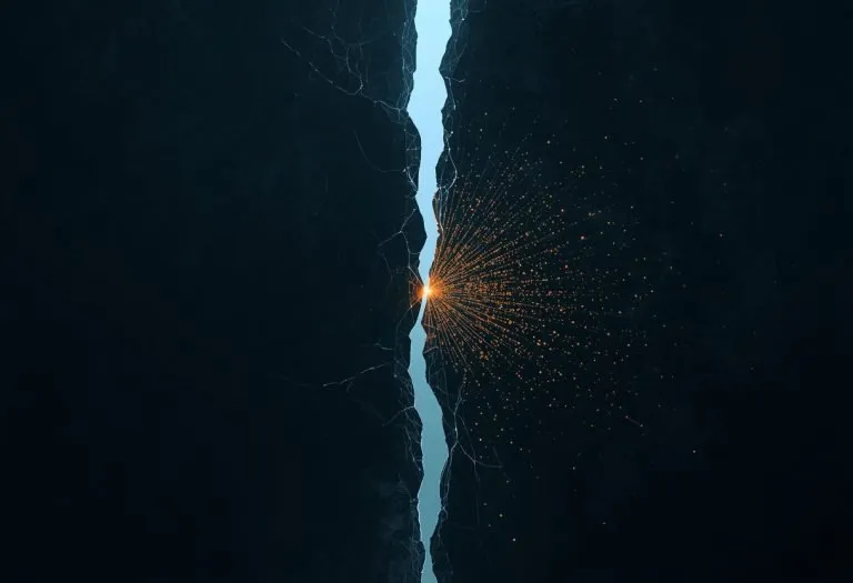 A sequence of interconnected nodes or breaches spreading across a network, visualizing how trust in systems becomes the
