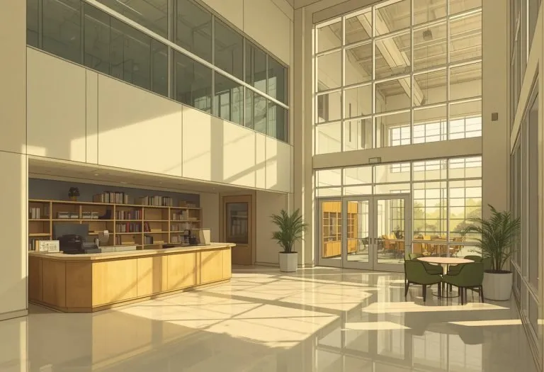 Illustration of a main library with a coffee counter, for Obama Main Library in St. Petersburg, Florida
