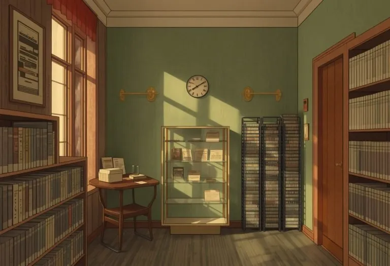 Illustration of a small library with a museum case, for Oldsmar Public Library in Oldsmar, Florida