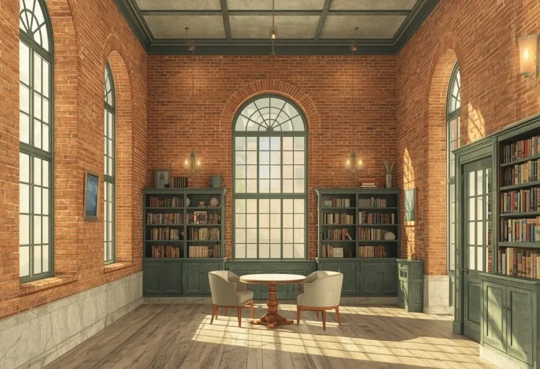 Illustration of a restored 1891 brick interior with shelves, for Oxford Exchange in Tampa, Florida