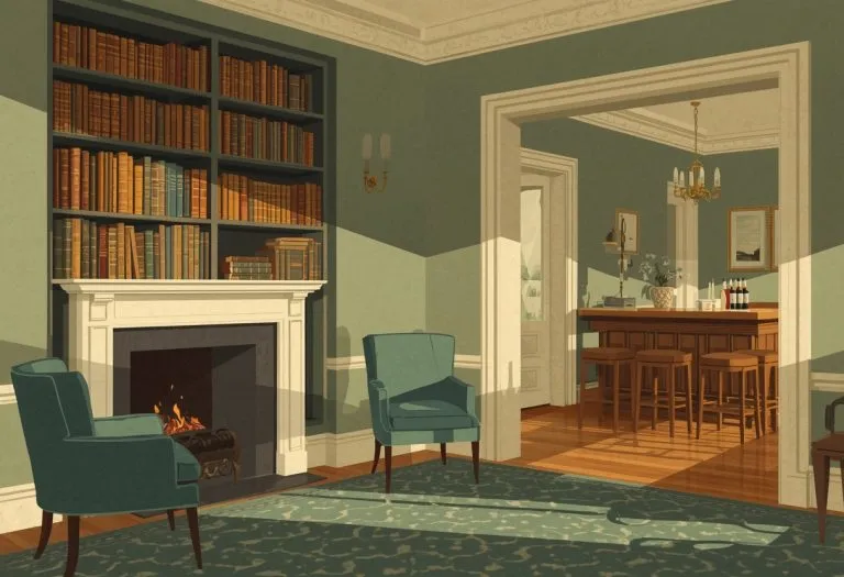 Illustration of a bookshelf in a historic hotel lobby alcove, for Pages and Perks in St. Petersburg, Florida