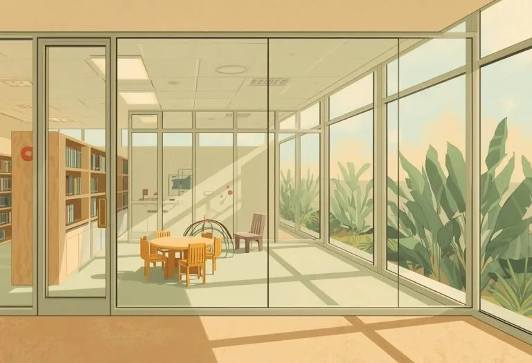 Illustration of a library children's wing behind glass, for Palm Harbor Library in Palm Harbor, Florida