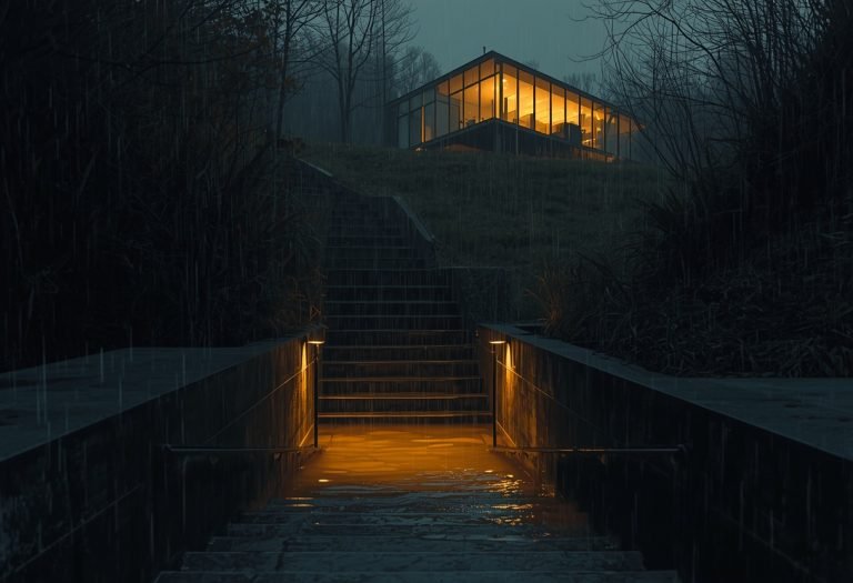 A modern minimalist house with geometric architecture sits on a hillside, with steps leading up to its entrance behind a