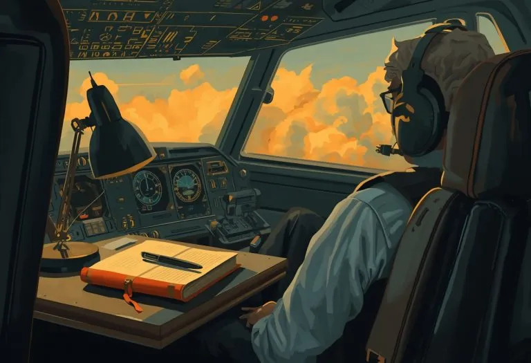 Pilot in cockpit reviewing manuscript pages with aviation manual and logbook on the control panel.