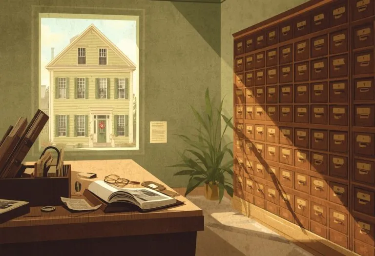 Illustration of a local history archive room with photographs and ledgers, for the Pinellas history museums, Florida