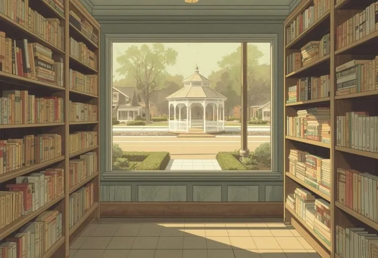 Illustration of a small main street bookshop and a gazebo, for Portkey Books in Safety Harbor, Florida