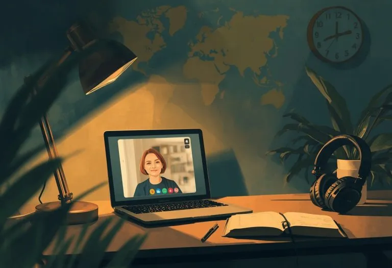 A woman sitting at a desk with a laptop, smiling during a video call with someone off-screen.