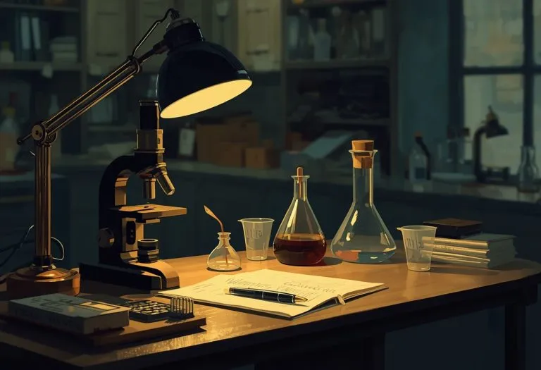 A scientist or researcher working at a desk with papers and notes, transitioning from technical writing to accessible prose